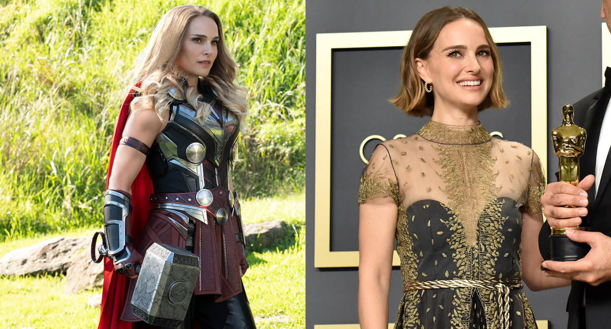 Natalie Portman before and after. Left: (Jasin Boland. Â©Marvel Studios 2022. All Rights Reserved.) Right: Getty