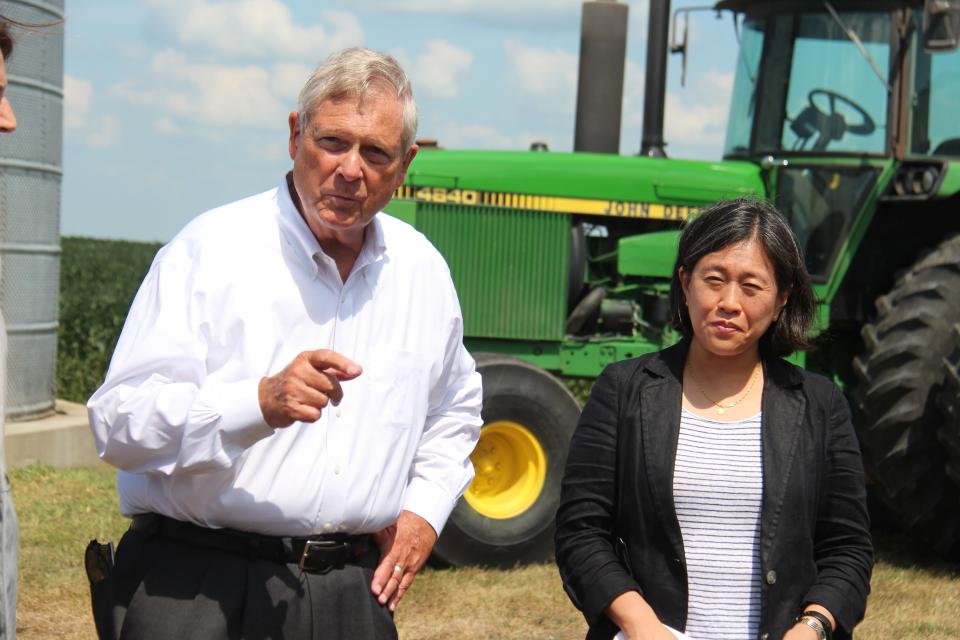 U.S. Secretary of Agriculture Tom Vilsack and U.S. Trade Representative Katherine Tai talk with the press on Thursday, Aug. 18, 2022, during a visit to the Spellman family farm in Woodward.