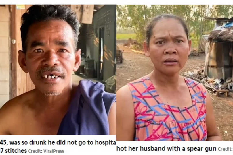 泰國男子Boonchuey Mooseeton（左）遭到結婚21年的妻子（右）以魚叉攻擊。（圖／翻攝自《太陽報》）