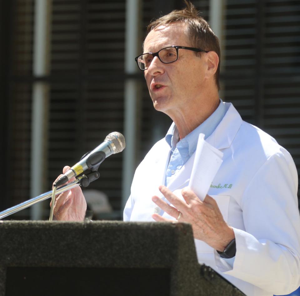 Dr. Gerald Burke an OB/GYN and president of the South Jersey Catholic Medical Guild addresses supporters regarding the decision of the US Supreme Court to overturn Roe vs Wade at a rally outside the New Jersey Statehouse annex. The two hour rally was organized by New Jersey Right to Life in Trenton, NJ on June 25, 2022.