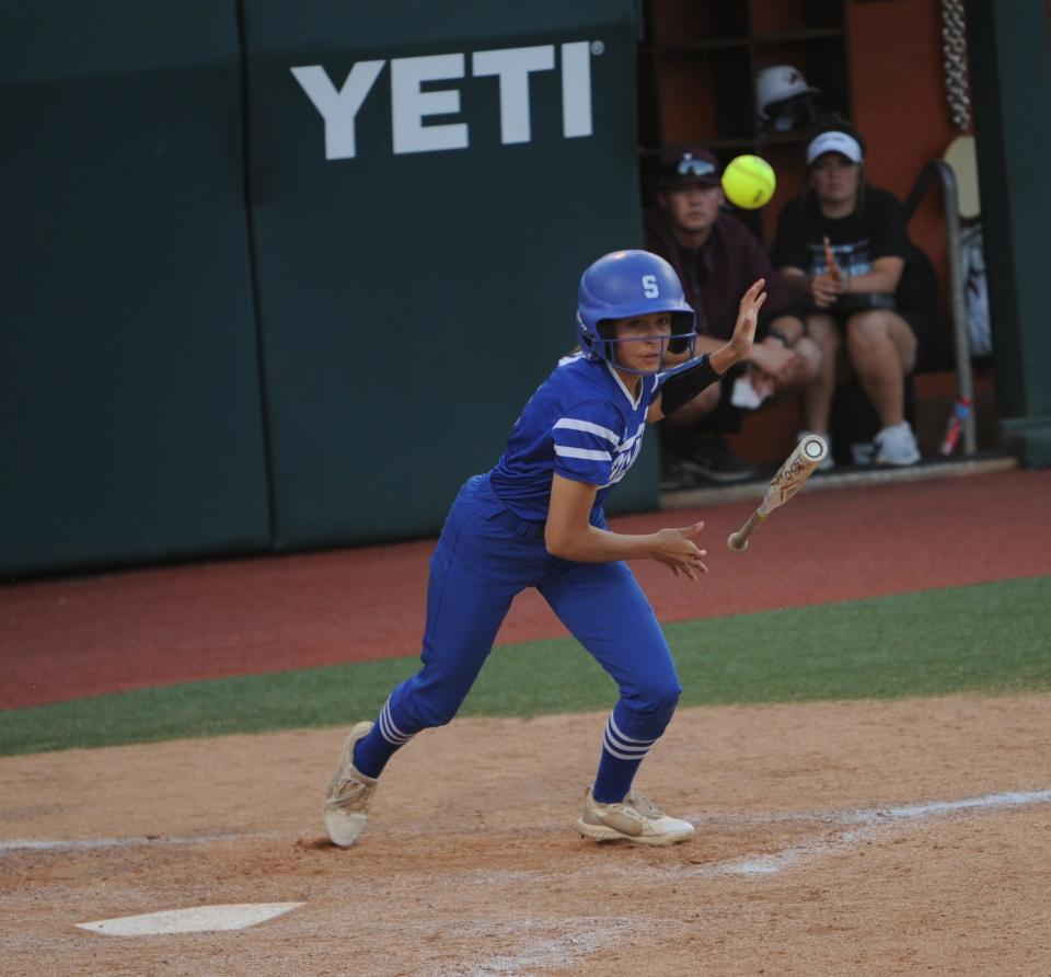 Stamford's Jacelyn Bell bunts against Lovelady in the state semifinals.