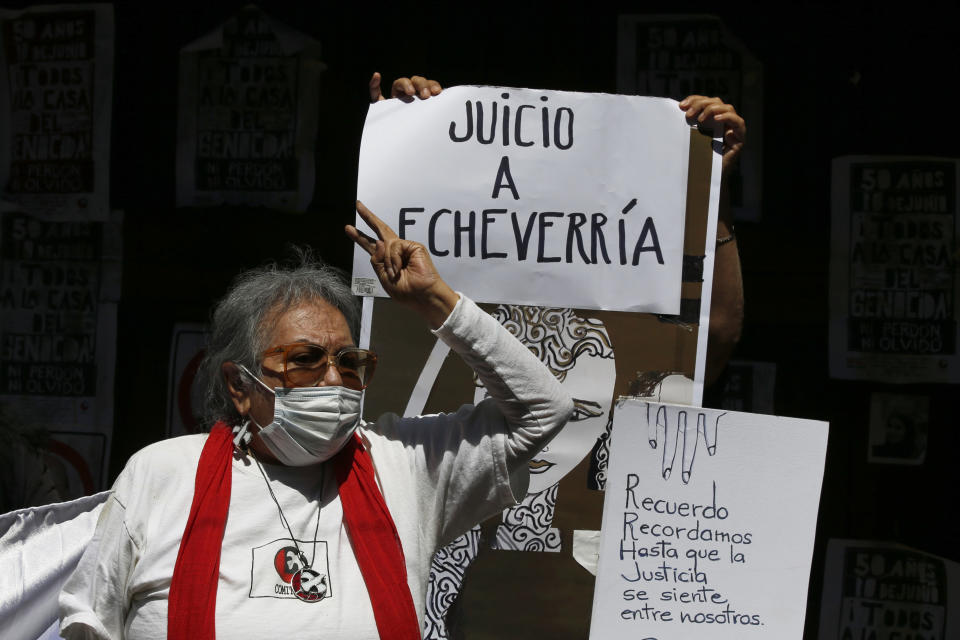 Ana "La Nacha" Ignacia Rodríguez, a member of the 1968-71 student movement, takes part in a demonstration outside the residence of former Mexican President Luis Echeverría, (1970-1976), during a march to commemorate the 50th anniversary of the student massacre of 1971 known as "El Halconazo," in Mexico City, Thursday, June 10, 2021. The attack, also known as the Corpus Christi massacre, was carried out by a group of men apparently recruited by the government to dissolve a pro-democracy student demonstration. (AP Photo/Marco Ugarte)