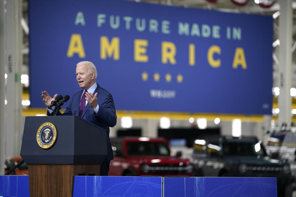 President Joe Biden speaks at the Ford Rouge EV Center, Tuesday, May 18, 2021, in Dearborn, Mich. (AP Photo/Evan Vucci)