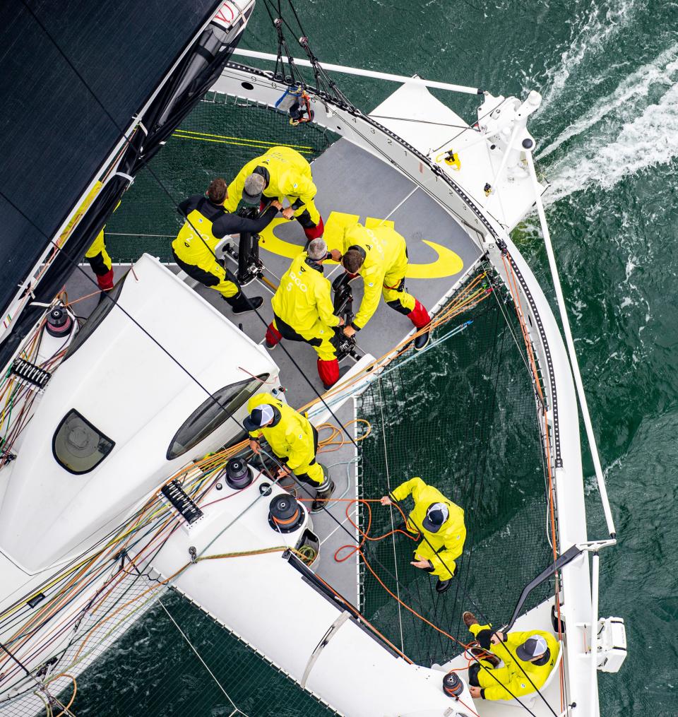 The crew aboard Argo works during the Newport Bermuda Race.