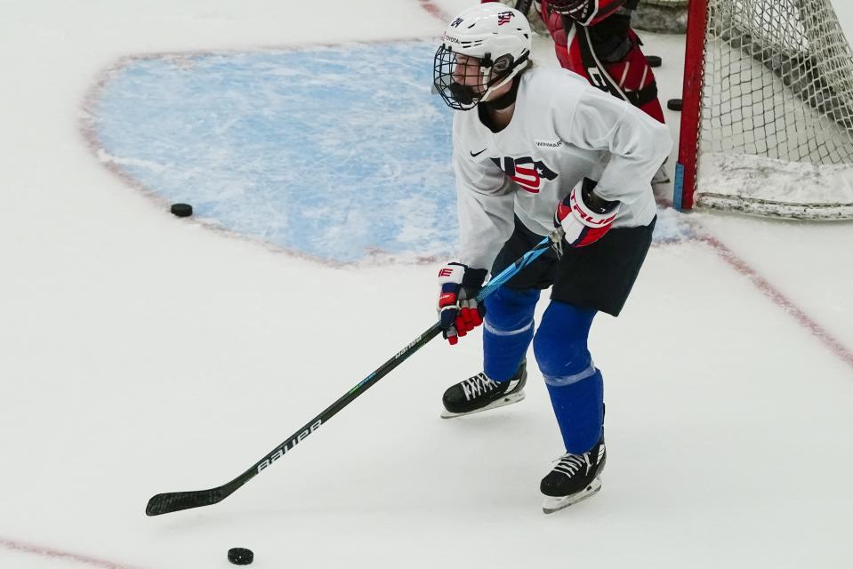 Sydney Morrow practices for the 2022 U.S. U18 Women's World Hockey Championships Saturday, June 11, 2022, in Madison, Wis. Nearly one-third of the players on the U.S. women's hockey team competing in this week’s under-18 World Championships are training at programs outside their home states. (AP Photo/Morry Gash)