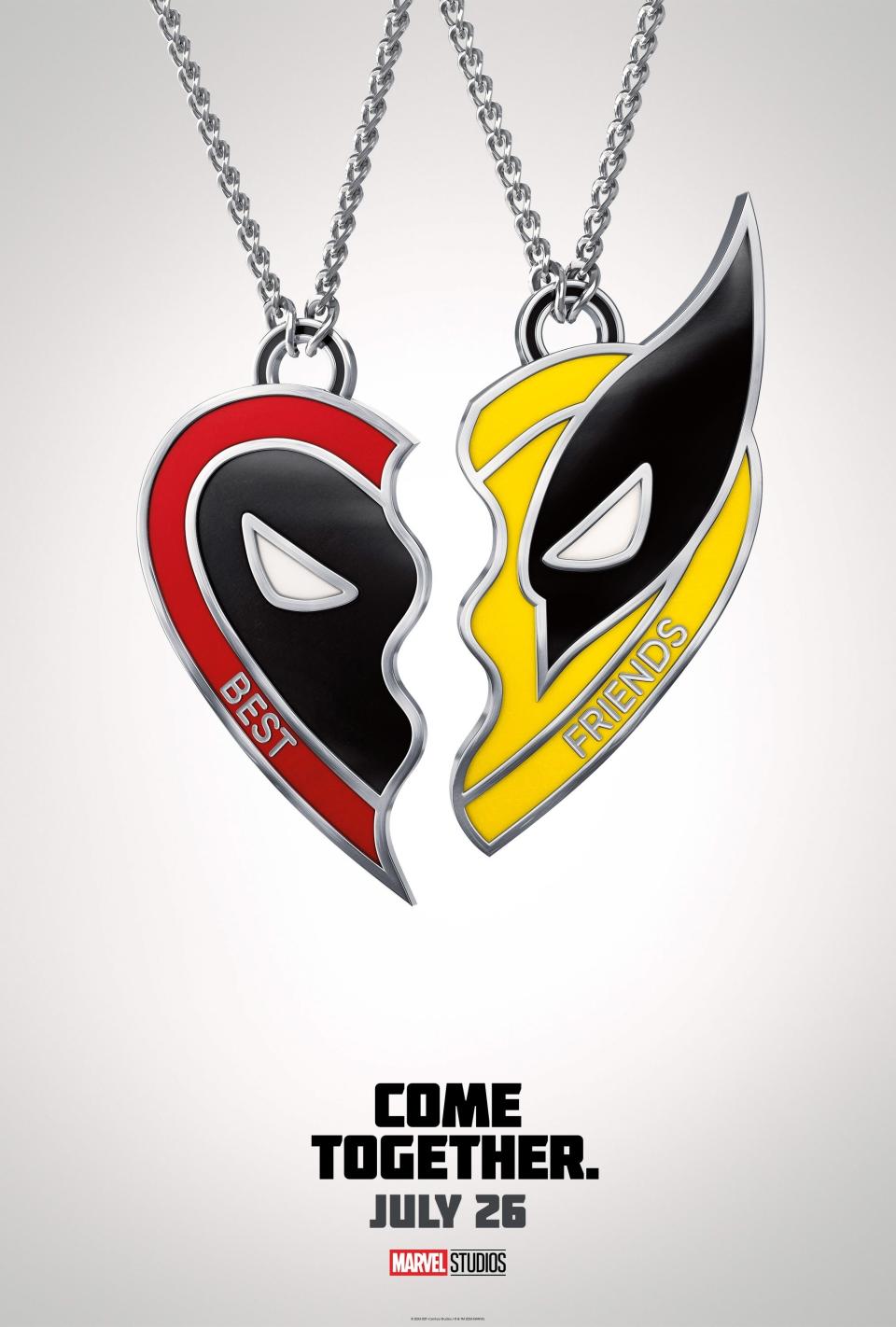 Two necklaces with half-heart pendants featuring Deadpool and Spider-Man logos. Text: "Come Together. July 26. Marvel Studios."