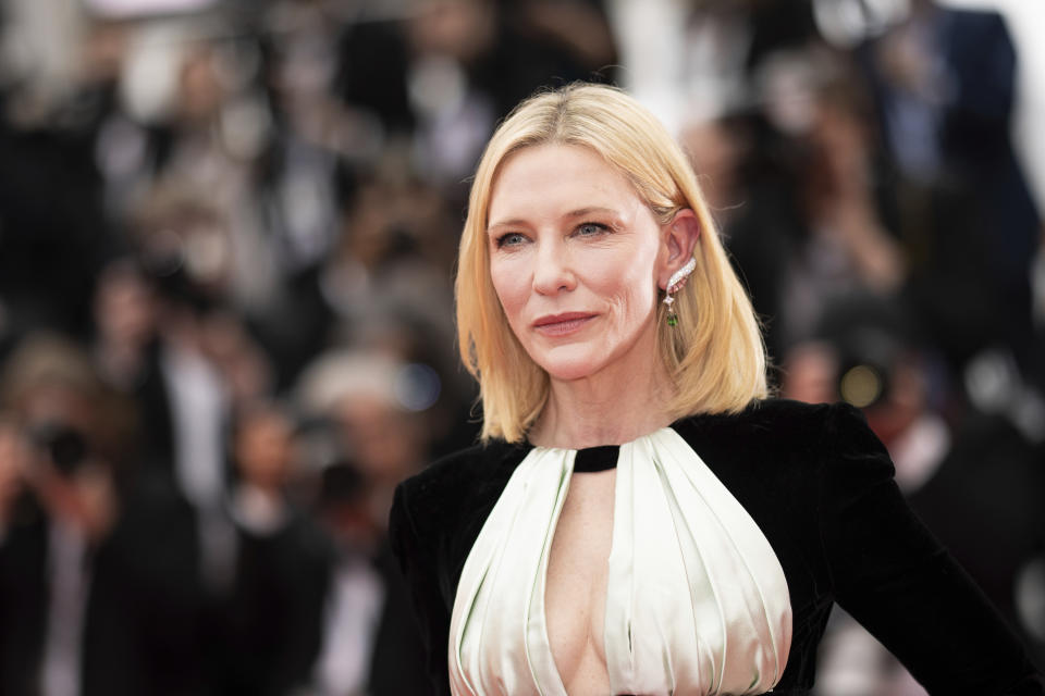 Cate Blanchett poses for photographers upon arrival at the premiere of the film 'Killers of the Flower Moon' at the 76th international film festival, Cannes, southern France, Saturday, May 20, 2023. (Photo by Vianney Le Caer/Invision/AP)