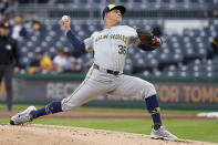 Milwaukee Brewers starting pitcher Tobias Myers delivers during the first inning of the team's baseball game against the Pittsburgh Pirates on Tuesday, April 23, 2024, in Pittsburgh. (AP Photo/Matt Freed)