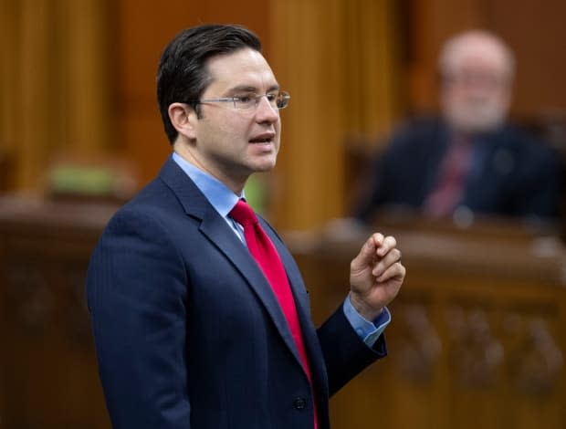 Conservative MP Pierre Poilievre rises during question period in the House of Commons on November 23, 2020.