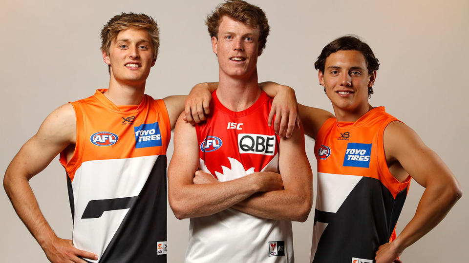 Jackson Hately of the Giants, Nick Blakey of the Swans and Jye Caldwell of the Giants. (Photo by Adam Trafford/AFL Media/Getty Images)