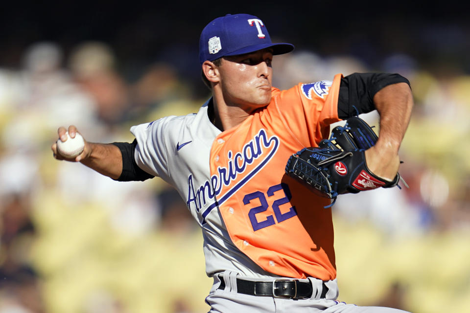 American League relief pitcher Jack Leiter throws during the the MLB All-Star Futures baseball game against the National League, Saturday, July 16, 2022, in Los Angeles. (AP Photo/Abbie Parr)