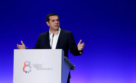 Greek Prime Minister Alexis Tsipras delivers a speech during the opening of the annual International Trade Fair of Thessaloniki, in Thessaloniki, Greece, September 8, 2018. REUTERS/Costas Baltas