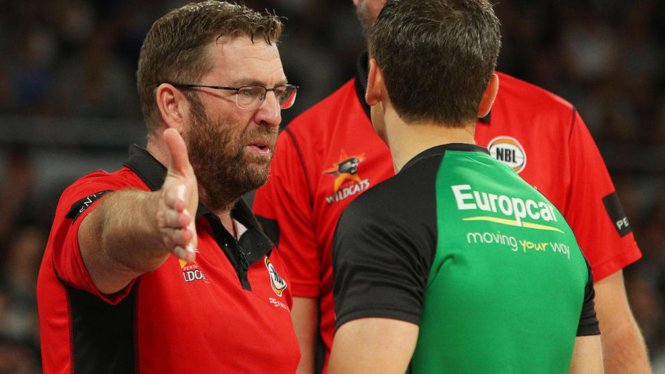 Perth Wildcats head coach Trevor Gleeson talks to the referee during game two of the NBL Grand Final Series between Melbourne United and the Perth Wildcats. (Photo by Graham Denholm/Getty Images)