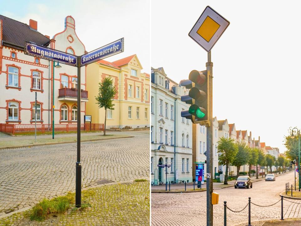 A composite image of two cobblestone street scenes in Neustrelitz with signs in the foreground and buildings across the streets behind them.