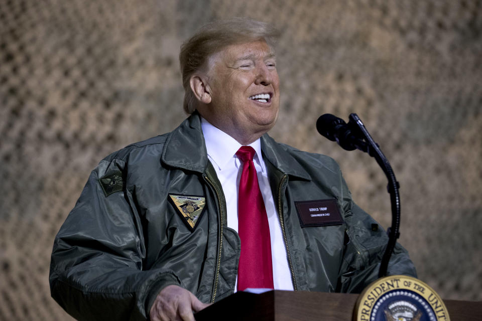 President Donald Trump speaks at a hanger rally at Al Asad Air Base, Iraq, Wednesday, Dec. 26, 2018. (Photo: Andrew Harnik/AP)