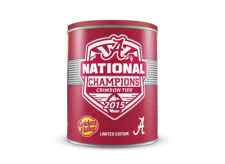 Golden Flake produced this souvenir potato chip canister to commemorate the University of Alabama's 2015 national championship in football.