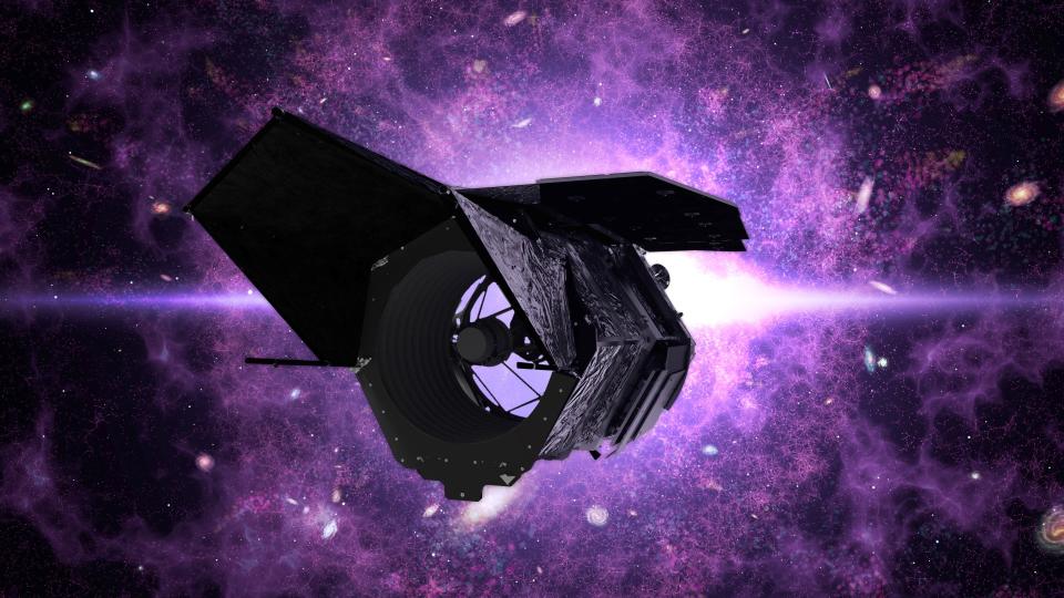 An illustration of the Nancy Grace Roman Space Telescope in deep space with a glowing purple background.