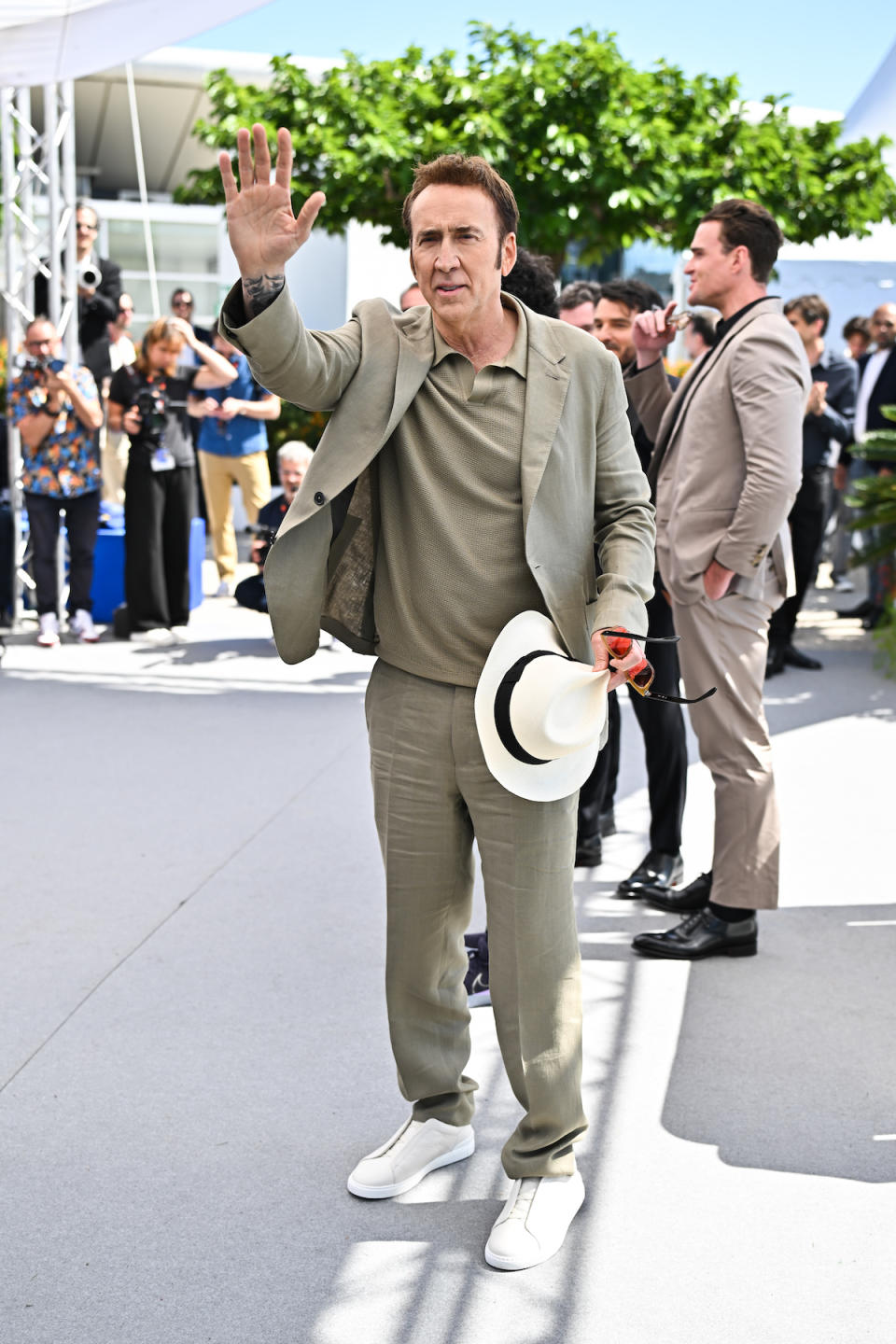 Nicolas Cage wears Zegna shoes and attends the "The Surfer" Red Carpet at the 77th annual Cannes Film Festival at Palais des Festivals on May 17, 2024 in Cannes, France. 