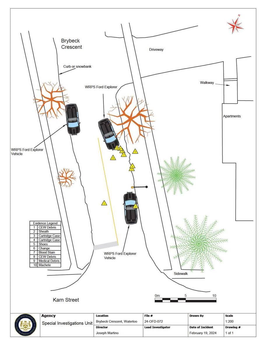 The SIU mapped out the scene of the incident in this diagram. Investigators found Nembhard's machete lodged into the front bumper of the WRPS Ford Explorer pictured between the two other WRPS cruisers.