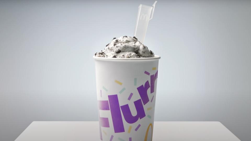 A McDonald's McFlurry with the straw spoon in it - why are McDonald's ice cream machine always broken?