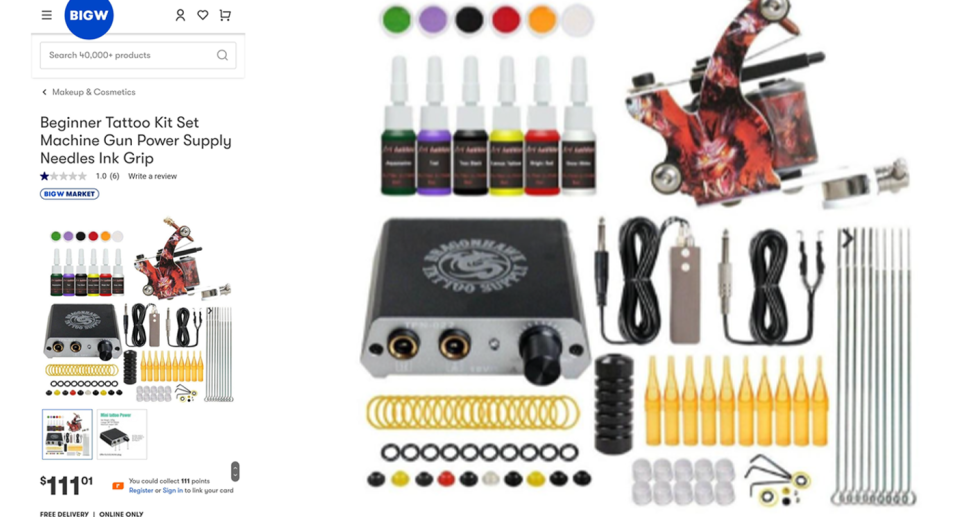 Big W's at-home tattoo kit that was axed from its online store. 