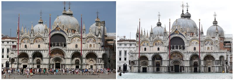 A combination picture shows St. Mark's Basilica before and after floods in Venice