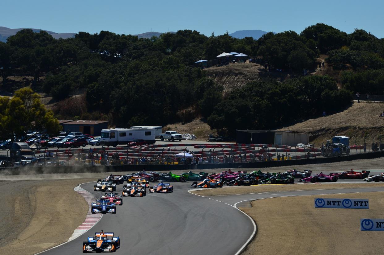 Sep 10, 2023; Salinas, California, USA; Arrow McLaren SP driver Felix Rosenqvist (6) of Sweden leads the field for the start of the Grand Prix of Monterey at WeatherTech Raceway Laguna Seca.