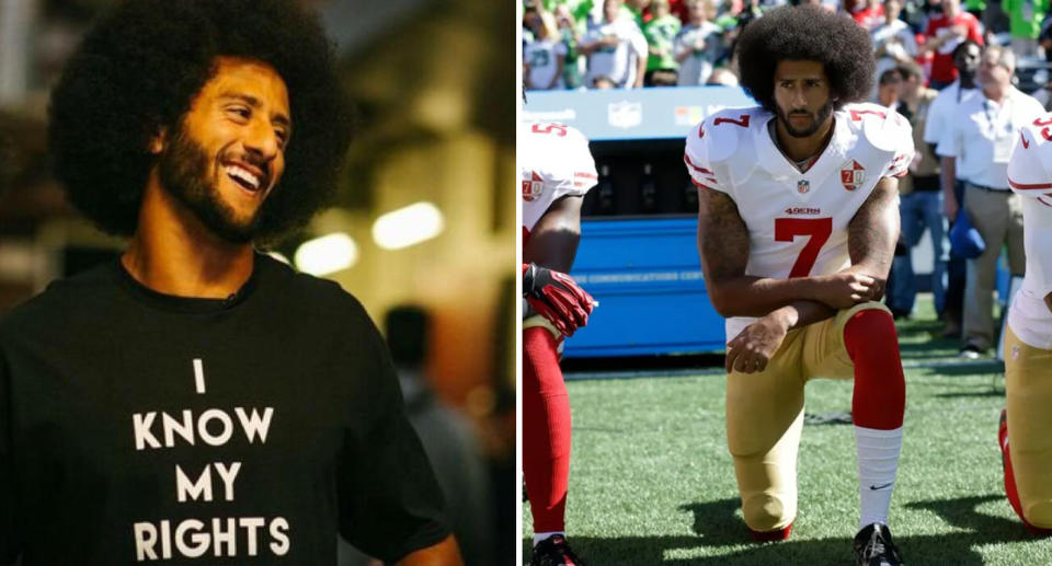 Colin Kaepernick can be seen on the left wearing a black 'I know my rights' t-shirt, while on the right, he can be seen in his football attire while kneeling. 