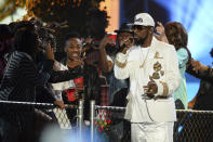 FILE - In this Friday, Nov. 6, 2015, file photo, R. Kelly performs at the 2015 Soul Train Awards at the Orleans Arena in Las Vegas. A federal jury in New York convicted the R&B superstar Monday, Sept. 27, 2021, in a sex trafficking trial. (Photo by Al Powers/ Powers Imagery/Invision/AP, File)