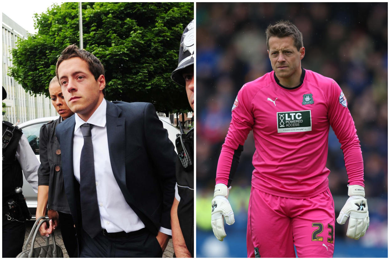 Left, Luke McCormick arriving at Stoke Crown Court in 2008 and right, playing for Plymouth in 2015. (PA/Getty Images)