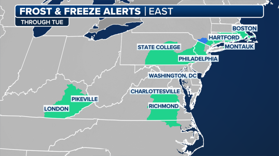 <div>Frost and freeze alerts through Monday, April 22, 2024. <strong>(FOX Weather)</strong></div>