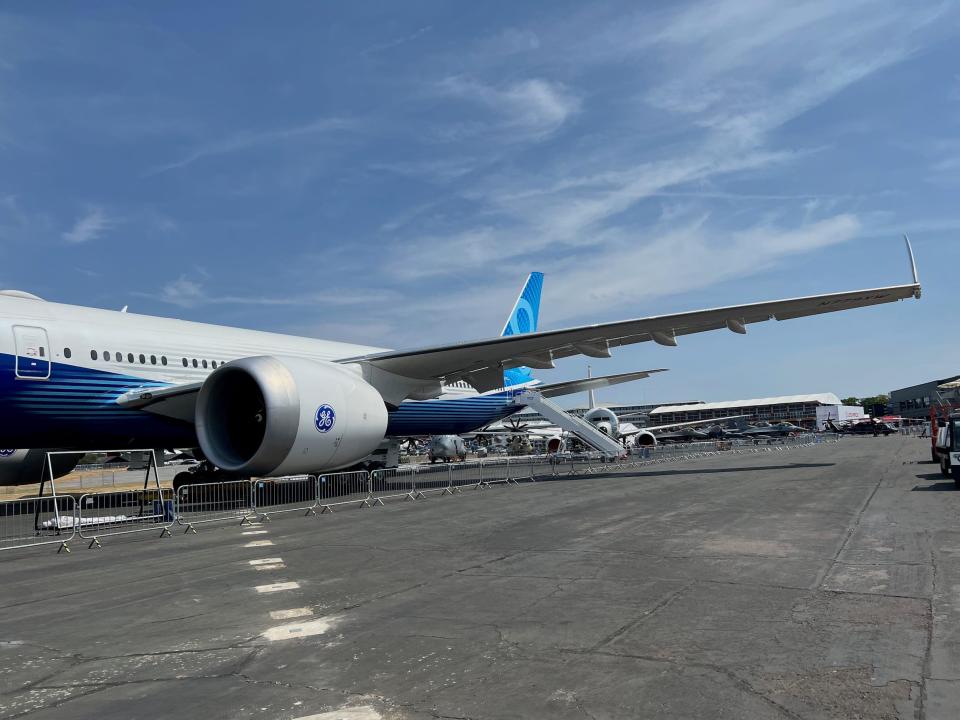 Boeing 777X flying display at the  Farnborough International Air Show 2022.