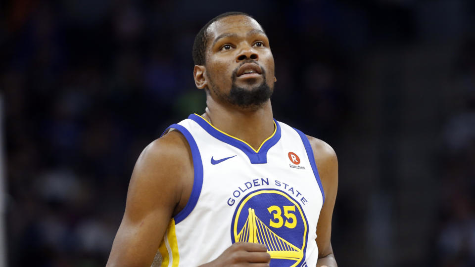 Golden State’s Kevin Durant is recovering some a rib injury. (AP)