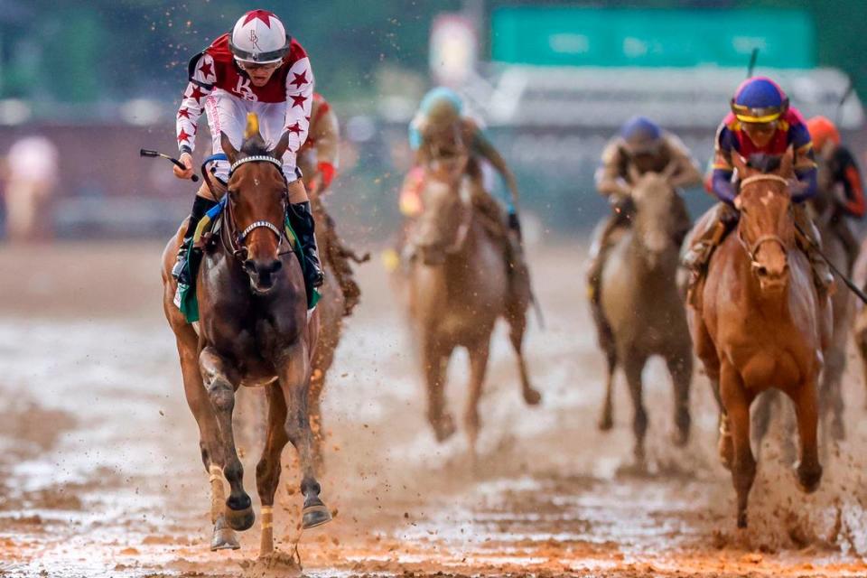 Thorpedo Anna, left with Brian Joseph Hernandez Jr. up, wins the 150th running of the Kentucky Oaks at Churchill Downs on Friday.