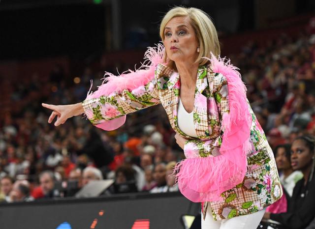 Kim Mulkeys Sideline Fit Goes Pink Ostrich Fringe As Lsu Womens Basketball Plays In Sweet 16 