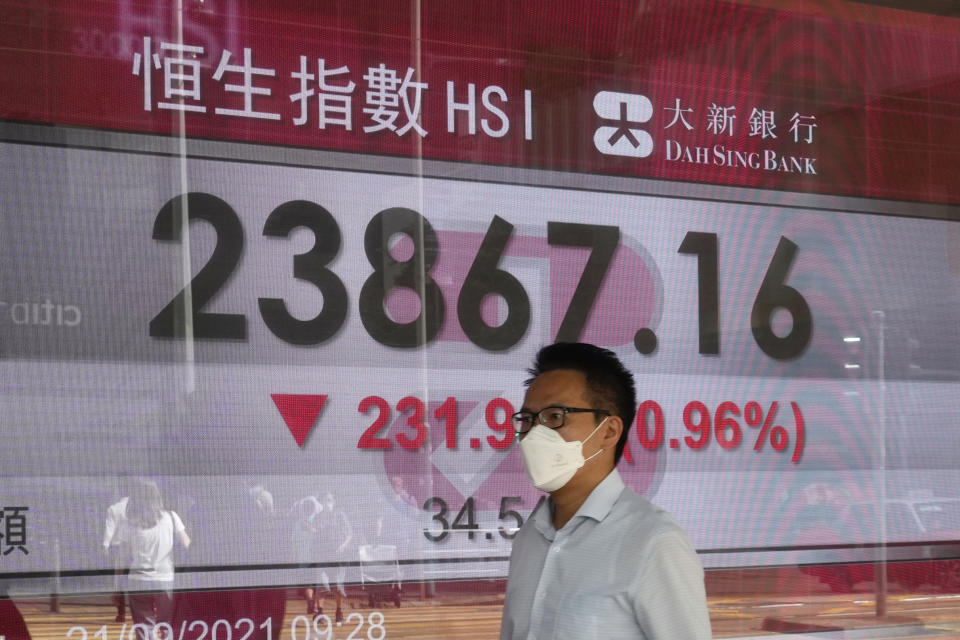 A man walks past a bank's electronic board showing the Hong Kong share index at Hong Kong Stock Exchange in Hong Kong Tuesday, Sept. 21, 2021. Asian shares declined Tuesday, with Tokyo down 2% as worries about heavily indebted Chinese real estate developers weighed on sentiment. (AP Photo/Vincent Yu)