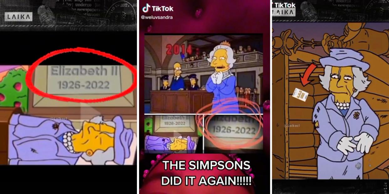 Screenshots of the doctored images appearing to show Queen Elizabeth II in a coffin on The Simpsons.