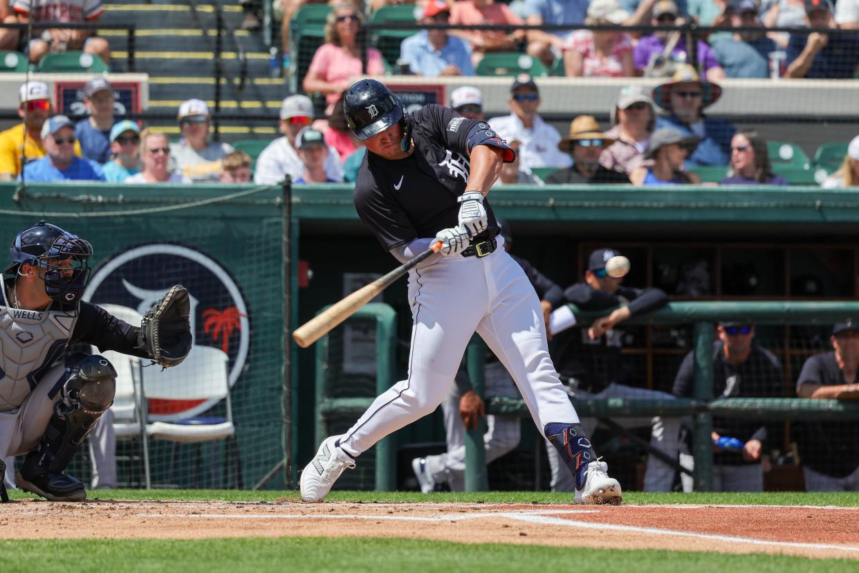 Detroit Tigers' Spencer Torkelson hits an RBI single during the first inning against the New York Yankees at Publix Field at Joker Marchant Stadium, March 23, 2024 in Lakeland, Fla.