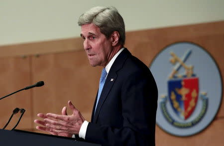 U.S. Secretary of State John Kerry delivers remarks on the U.S. foreign policy agenda for 2016 at at the National Defense University in Washington January 13, 2016. REUTERS/Yuri Gripas