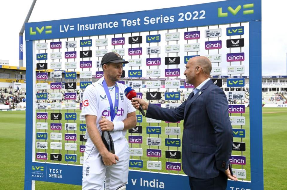 Man of the series Joe Root is interviewed by Sky Sports’ Mark Butcher.