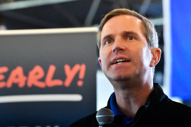 Kentucky Gov. Andy Beshear speaks to supporters during a stop of his statewide bus tour in Richmond on Oct. 30.