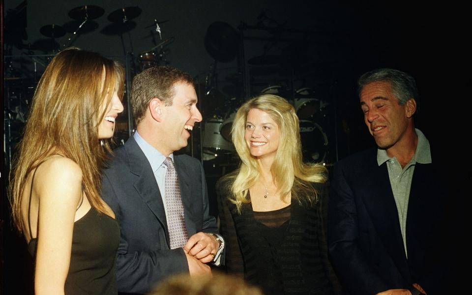 Melania Trump, Prince Andrew, Gwendolyn Beck and Jeffrey Epstein at a party at the Mar-a-Lago club, Palm Beach, Florida, February 12, 2000