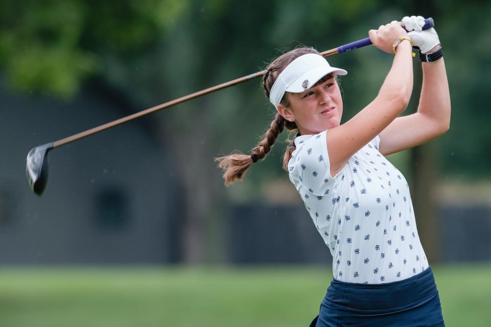 Garaway's Sammi Miller follows through on a drive during the 2022 Garaway Lady Pirates Invitational, Monday, Aug. 8 in Dover.