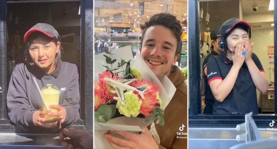 Stills from TikTok videos in which a KFC drive-thru worker is surprised with gifts
