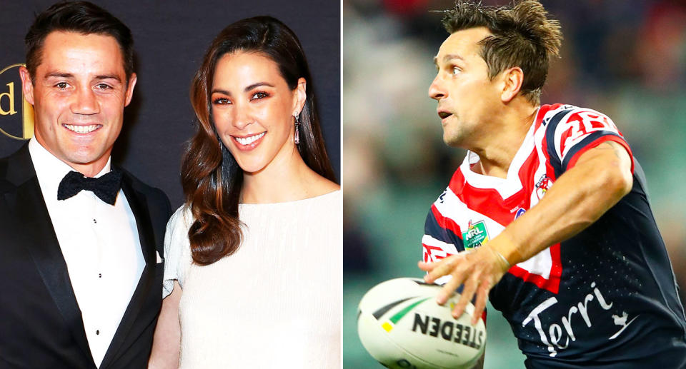 Pictured left to right, Cooper Cronk and wife Tara, alongside Mitchell Pearce.
