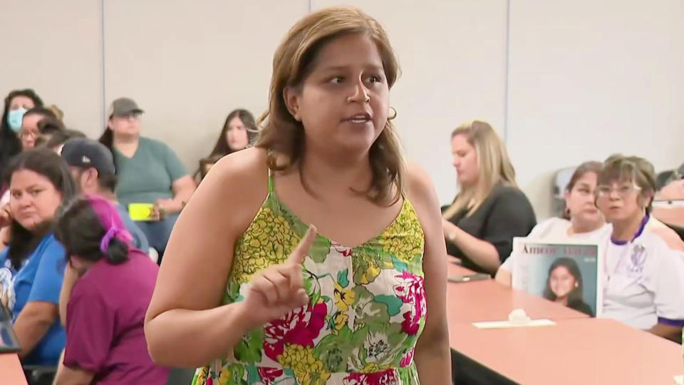 Uvalde parent Tina Quintanilla-Taylor, whose daughter survived the shooting, demanded answers about the absence of the district's police chief at a council meeting. (TODAY)