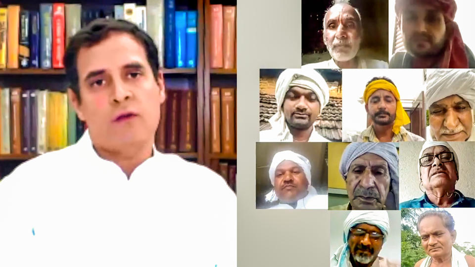 **EDS: SCREENSHOT FROM A LIVESTREAM ON TUESDAY, SEPT. 29, 2020** New Delhi: Congress leader Rahul Gandhi interacts with farmers as he discusses the three agricultural reform bills passed in the recently concluded Monsoon Session of Parliament, via video conferencing, in New Delhi. (PTI Photo)(PTI29-09-2020_000035B)