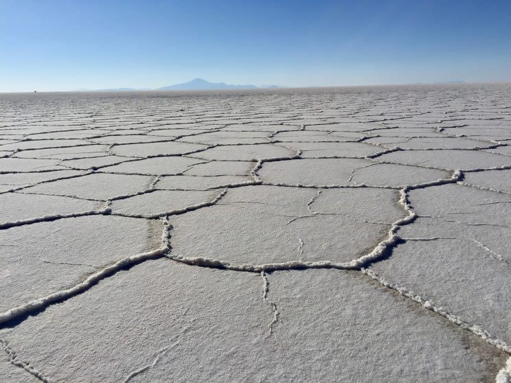 This photo, taken in July 2015, shows the salty surface of the Salar de Uyuni, the world’s largest salt flat, which holds Bolivia’s vast lithium reserves. (Photo: Caitlin Dickson/Yahoo News)