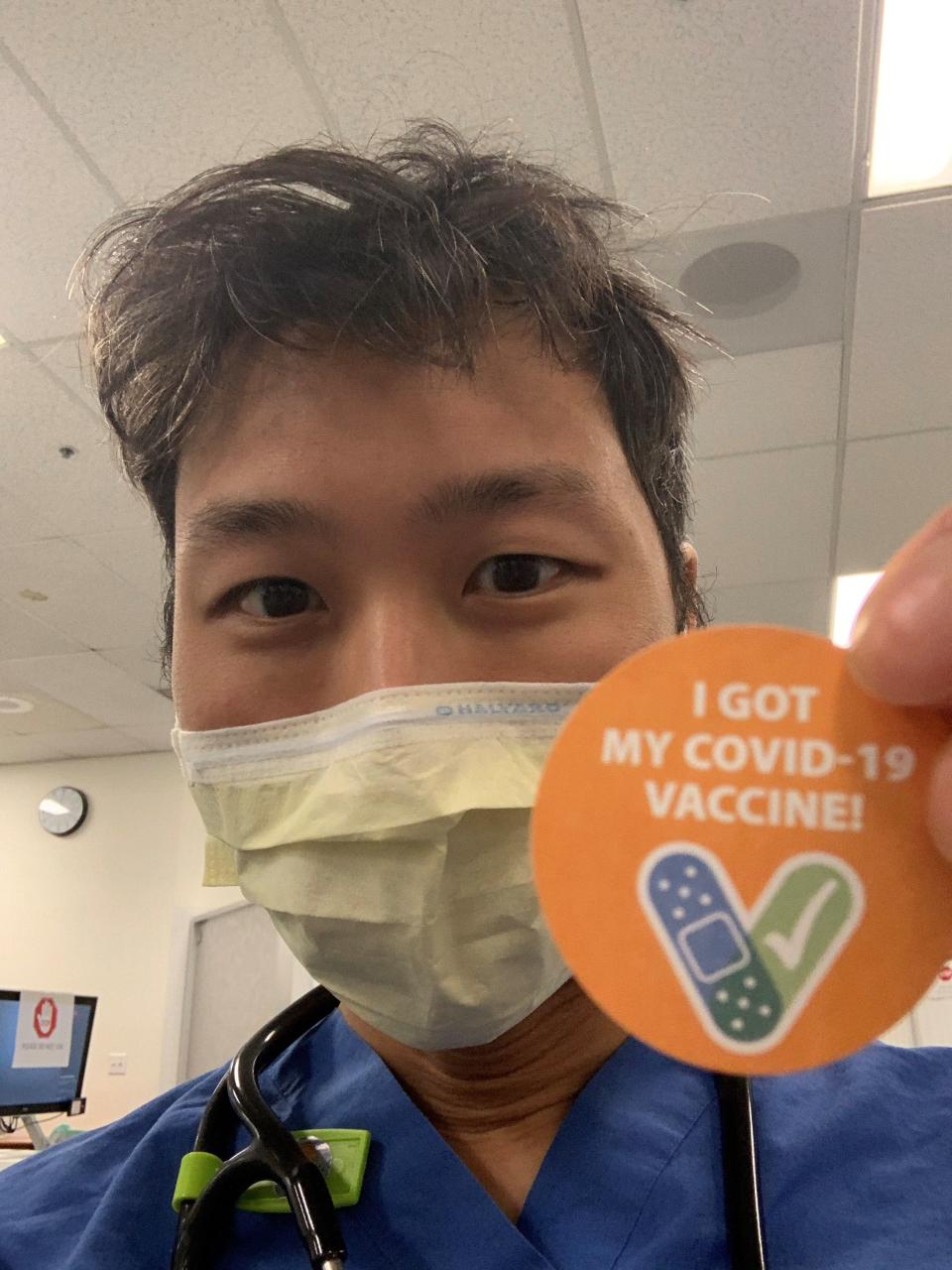 Dr. Thomas K. Lew after his COVID-19 vaccination on Dec. 18, 2020, in Pleasanton, California.