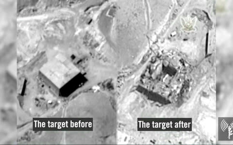 An Israeli image purportedly showing the nuclear facility before and after the strike - Credit: IDF/Handout via Reuters TV 